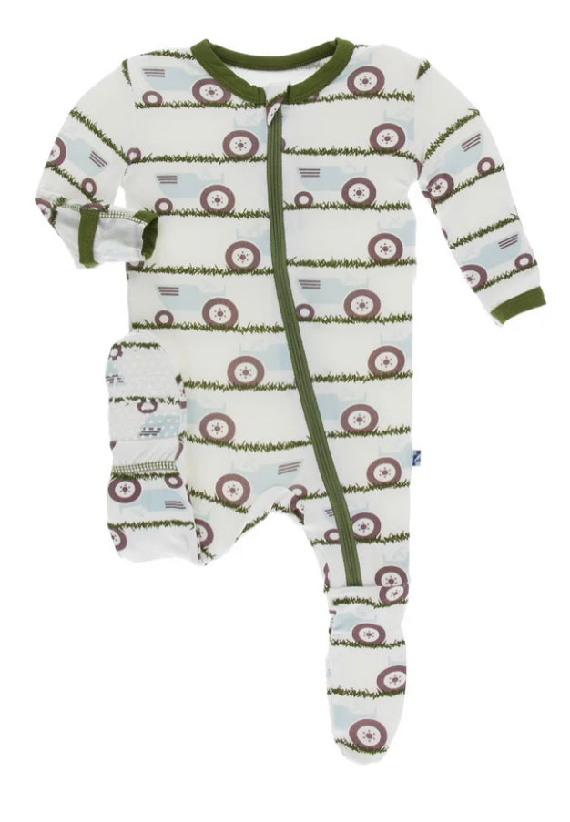 Kickee Pants Boy's Footie w/Zipper Natural Tractor & Grass