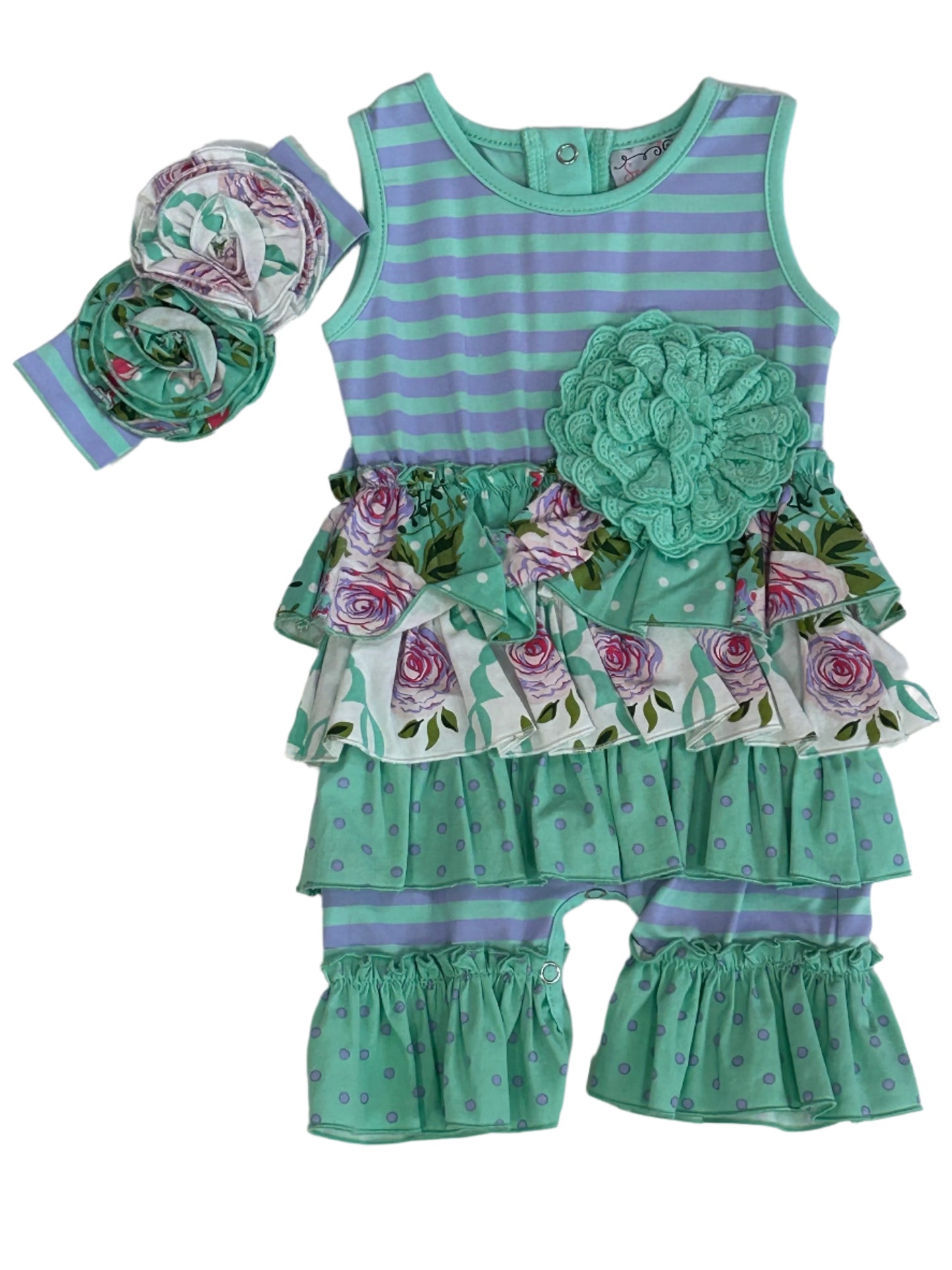 Serendipity Purple Stripe Floral Romper w/matching Headband #1871