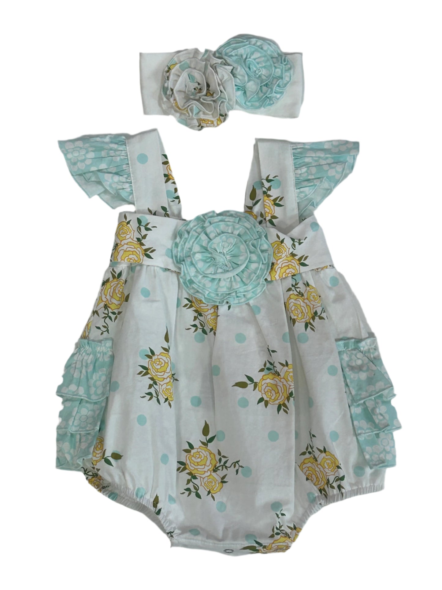 Serendipity blue/yellow Floral Bubble Romper w/ matching Headband #1813