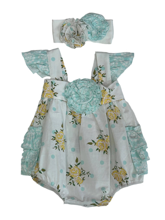 Serendipity blue/yellow Floral Bubble Romper w/ matching Headband #1813