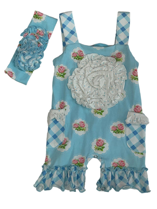 Swoon Baby Blue Floral Romper w/headband SBS204