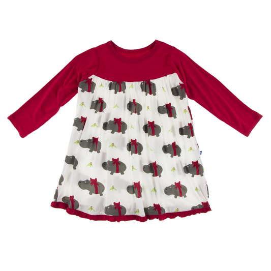 Kickee Pants L/S Swing Dress Natural Christmas Hippo