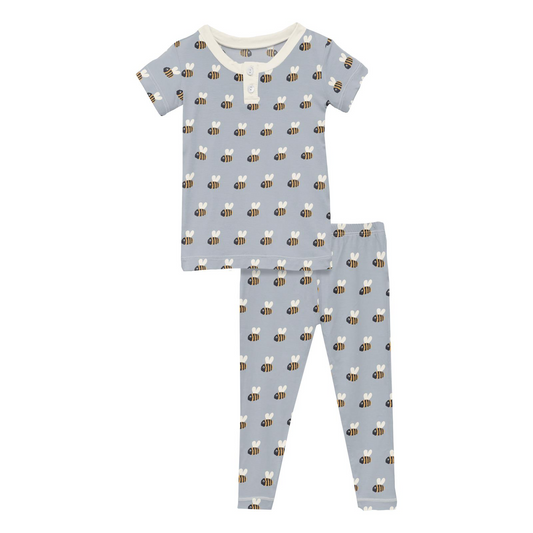 Kickee Pants Boy S/S Henley Pajama Set Pearl Blue Baby Bumblebee