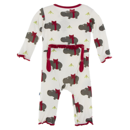 Kickee Pants Girl Ruffle Coverall w/zipper Natural Christmas Hippo
