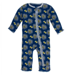Kickee Pants Girl Ruffle Coverall w/Zipper Navy Cornflower & Bee