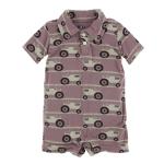 Kickee Pants S/S Polo Romper Raisin Tractor and Grass