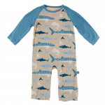 Kickee Pants L/S Raglan Romper Burlap Sharks