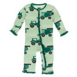 Kickee Pants Girl Ruffle Coverall w/Zipper Pistachio Tractor & Wheat