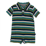 Kickee Pants S/S Polo Romper Botany Grasshopper Stripe