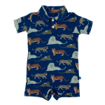 Kickee Pants S/S Polo Romper Flag Blue Big Cats