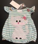 Natalie Grant Teal Stripe Romper w/ Gray Dot Cat Applique
