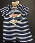 Red Egg & Ginger Romper Indigo Stripe w/ Fish Applique