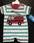 Wally & Willie Green/ White Stripe Romper w/ Firetruck Applique